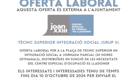 Portada Oferta laboral per a la plaça de Tècnic Superior en Integració Social a jornada parcial