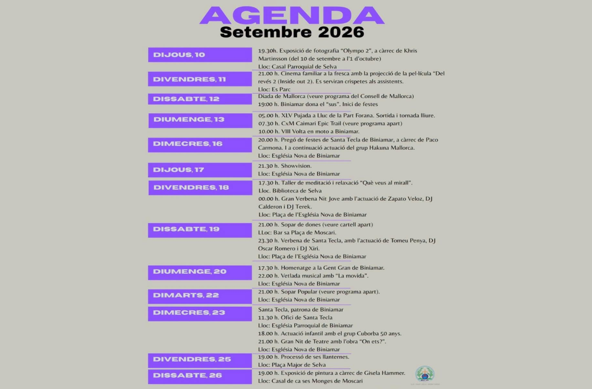 Portada Agenda Setembre 2026 - Selva