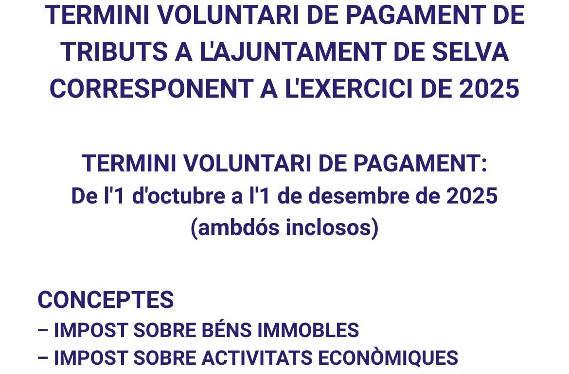 Portada Termini voluntari de pagament de tributs a l'Ajuntament de Selva