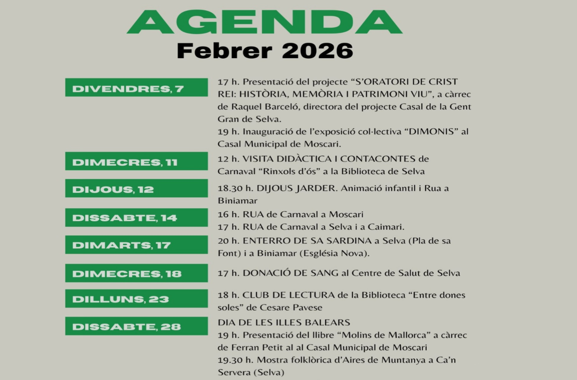 Portada Agenda Febrer 2026 - Selva