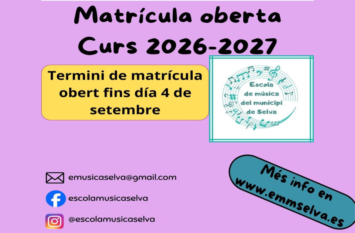 Portada Matricula oberta Curs 2026-27 - Escola de Música