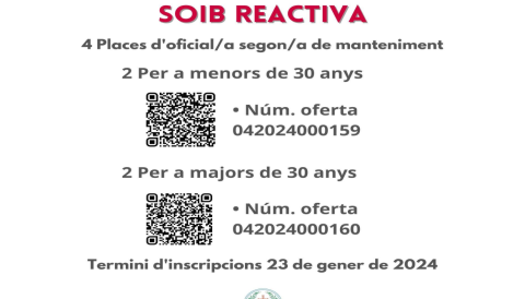 Portada Noves ofertes de feina de SOIB Reactiva per Ajuntament de Selva