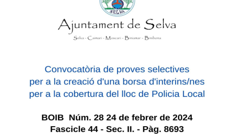 Portada Convocatòria de proves selectives per a la creació d'una borsa d'interins/nes per a la cobertura del lloc de Policia Local