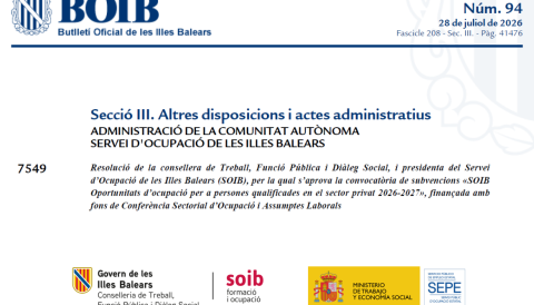 Portada Aprovació de la convocatòria de subvencions «SOIB Oportunitats d’ocupació per a persones qualificades en el sector privat 2026-2027